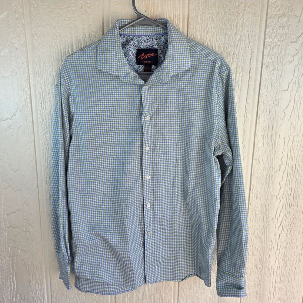 Egara Men's Slim Fit Button-Down Shirt Navy, Blue & Green Plaid, Size Large